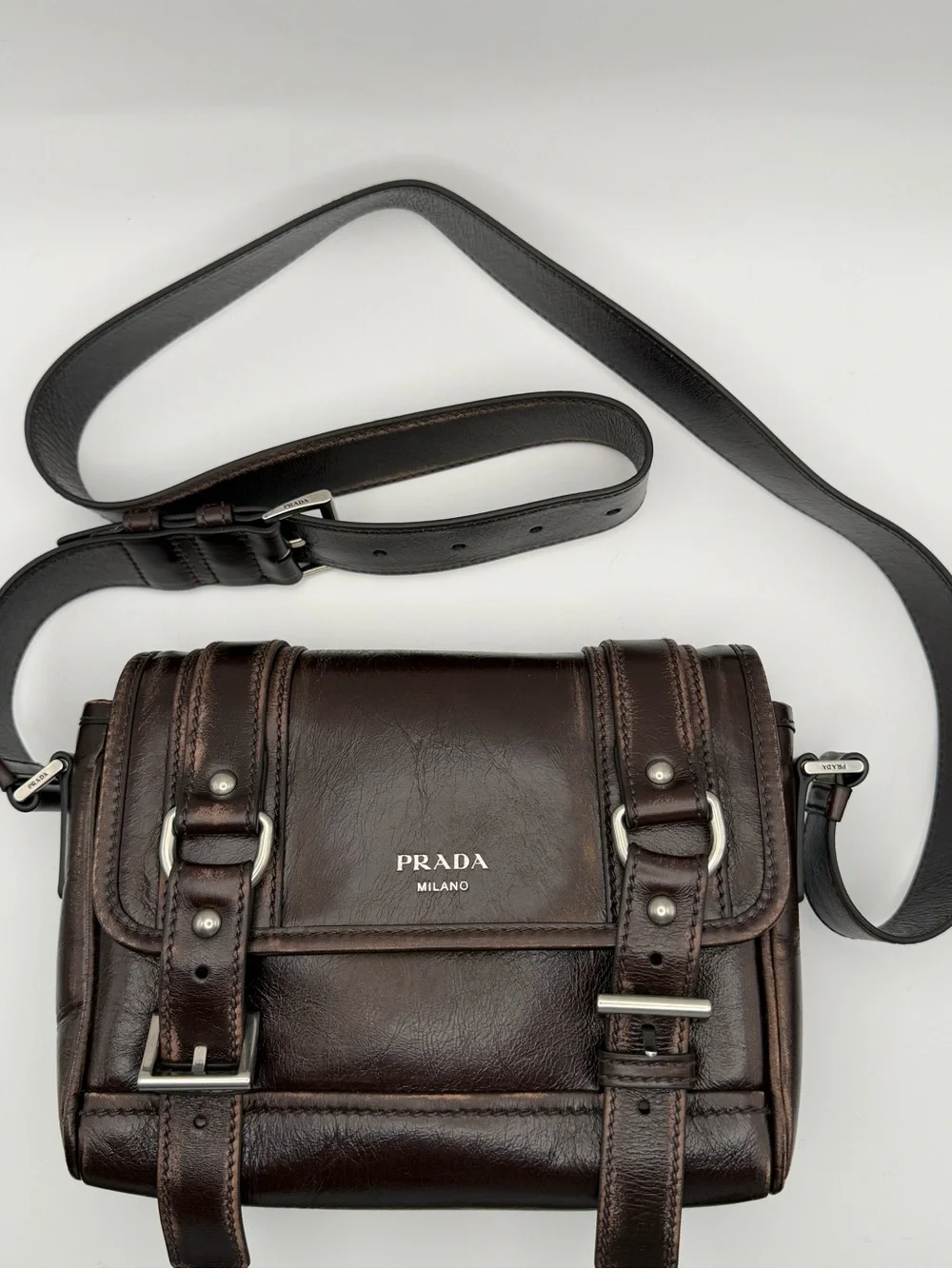 Prada Brown Leather Messenger Bag with Buckle Straps